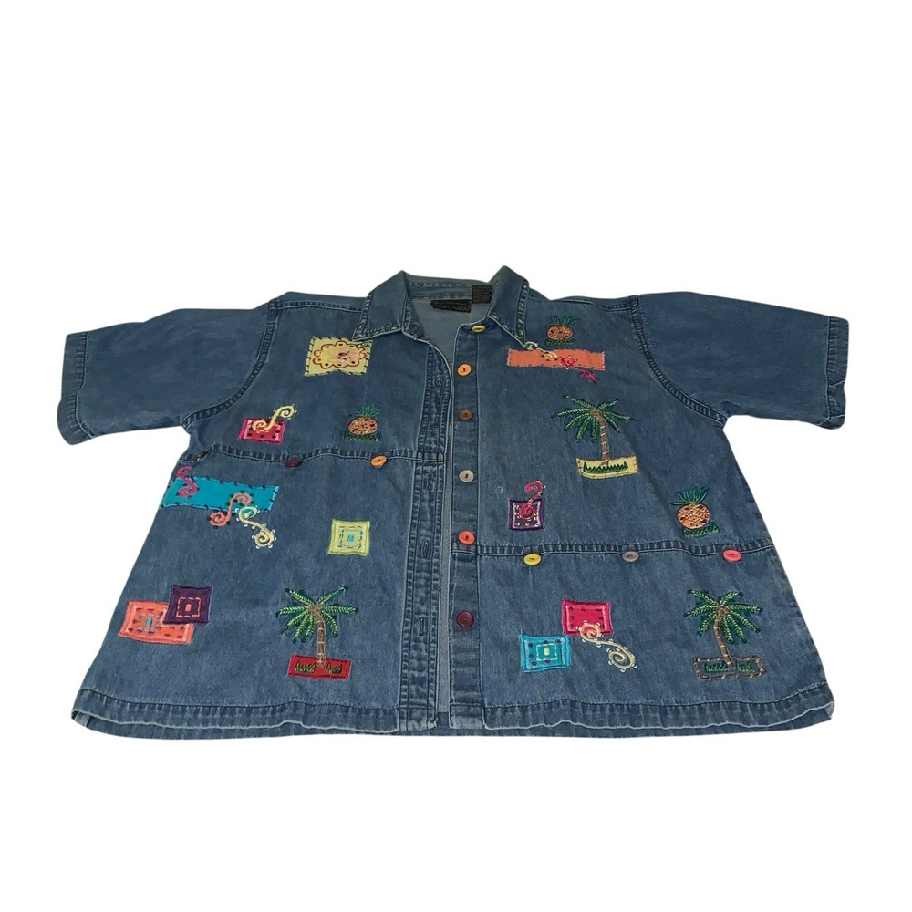 New Directions Women's Medium Blouse Denim Button Embroidered Pineapple Sequins‎
